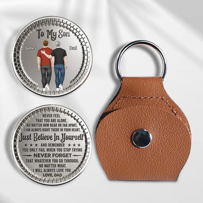Personalized Pocket Hug for Son from Dad, Back View Walking Illustration, Encouraging Keepsake Token, Unique Gift