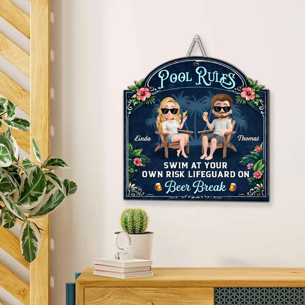 Personalized Wooden Sign With Seated Poolside Couple & Drinks, Unique Gift for Backyard Decor