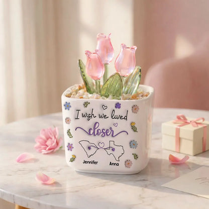 Personalized Square Glass Planter With Purple Tulips, I Wish We Lived Closer, Unique Friend Gift