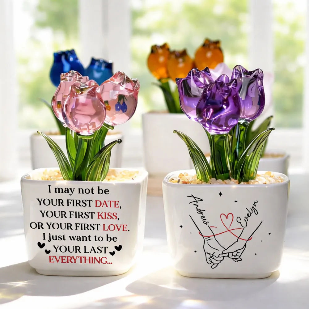 Custom Square Glass Planter with Pink Tulips, Romantic Couple Keepsake, Creative Gift for Wife or Husband