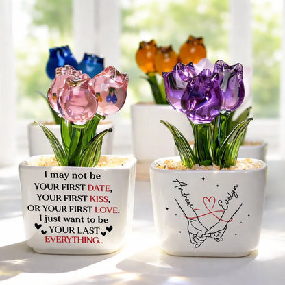 Custom Square Glass Planter with Pink Tulips, Romantic Couple Keepsake, Creative Gift for Wife or Husband