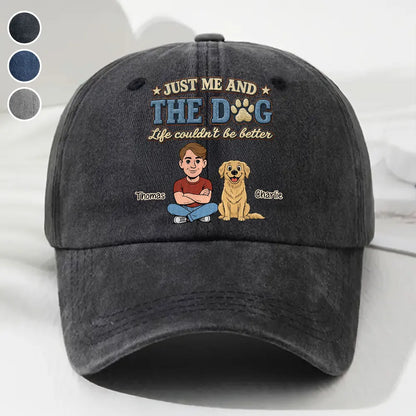 Just Me And The Dog Washed Denim Baseball Cap, Vintage Custom Creative Gift for Pet Owners