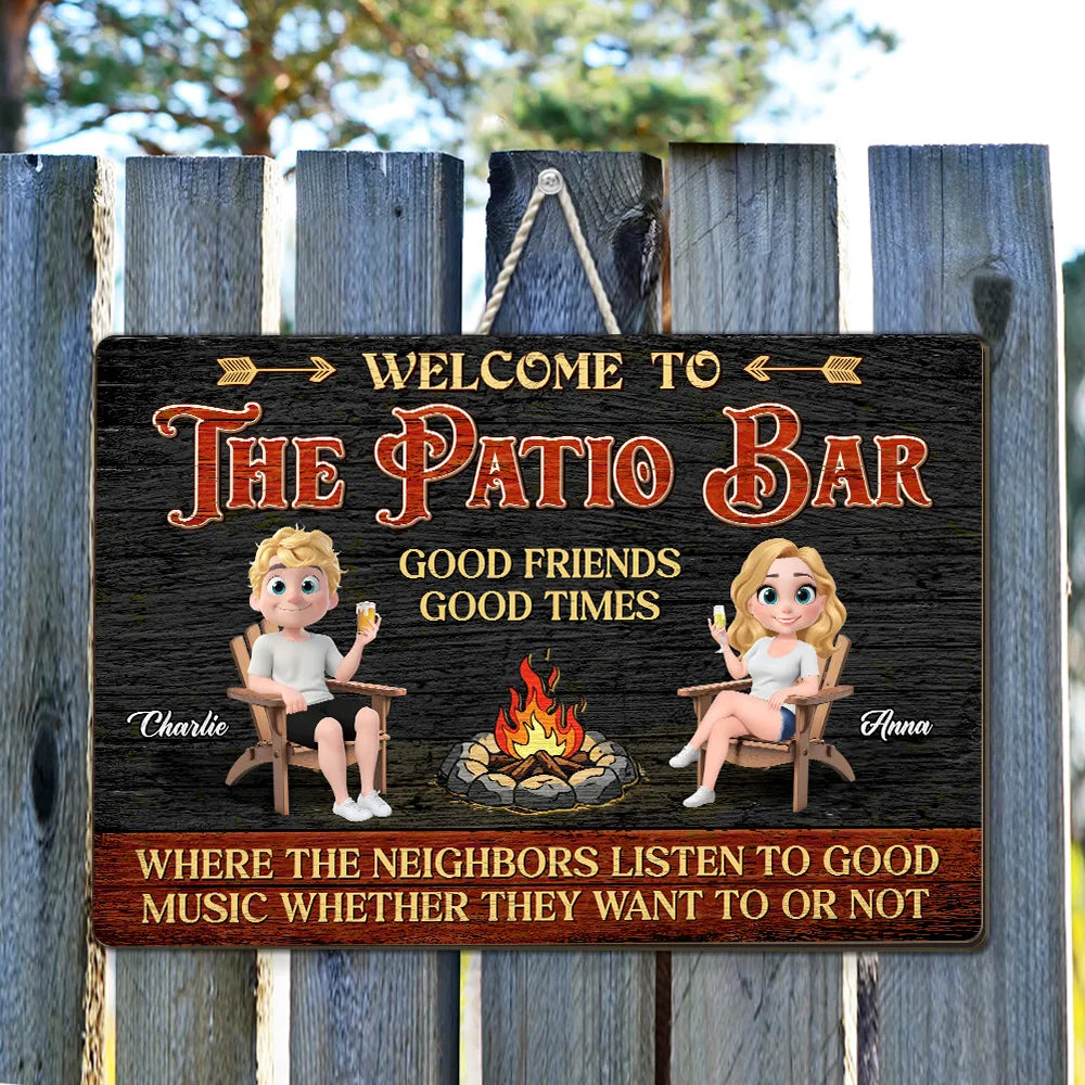 Personalized Wooden Sign, Patio Bar Cartoon Couple by Fire Pit, Unique Gift for Friends