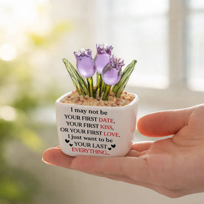 Custom Square Glass Planter with Pink Tulips, Romantic Couple Keepsake, Creative Gift for Wife or Husband
