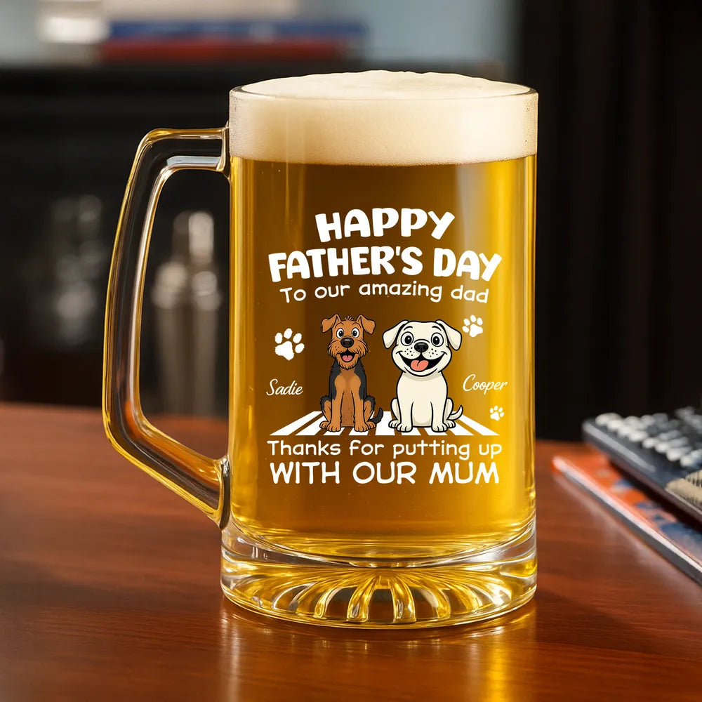 Personalized Handled Beer Glass With Funny Dog Art For Dad, Unique Father's Day Gift