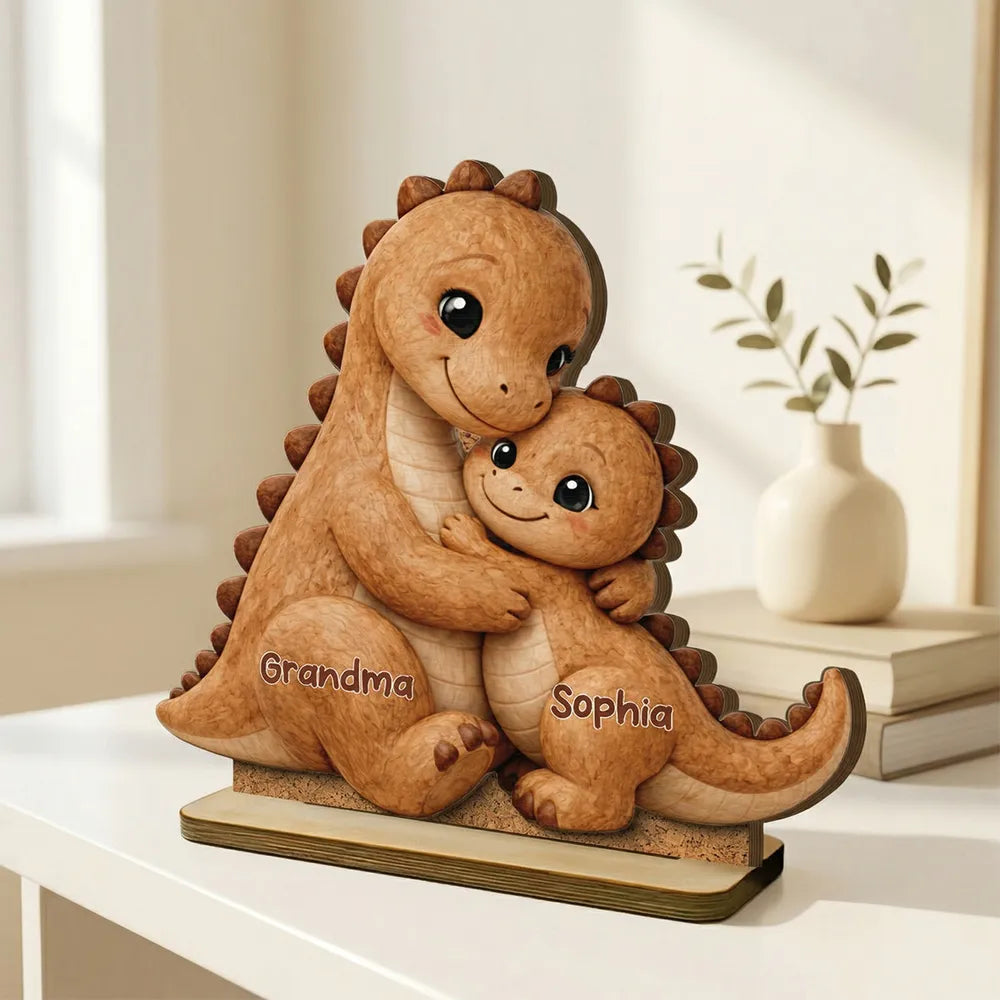 Personalized 2-Layer Wooden Plaque Cute Dino Grandma Hugging Grandchild Unique Gift for Grandma Mom - Heartwarming Keepsake