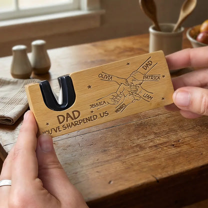 Custom Wooden Bottle Opener Sharpener with Hands Illustration, Creative Gift for Dad with Heart