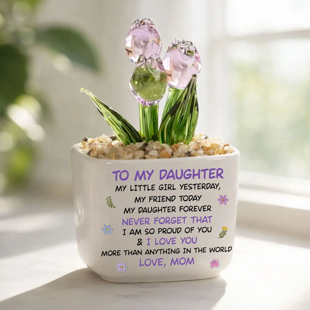 Personalized Square Glass Planter with Smiling Mom and Daughter Cartoon, Unique Gift for Daughter