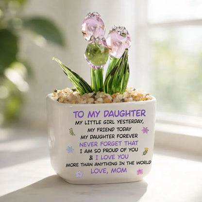 Personalized Square Glass Planter with Smiling Mom and Daughter Cartoon, Unique Gift for Daughter