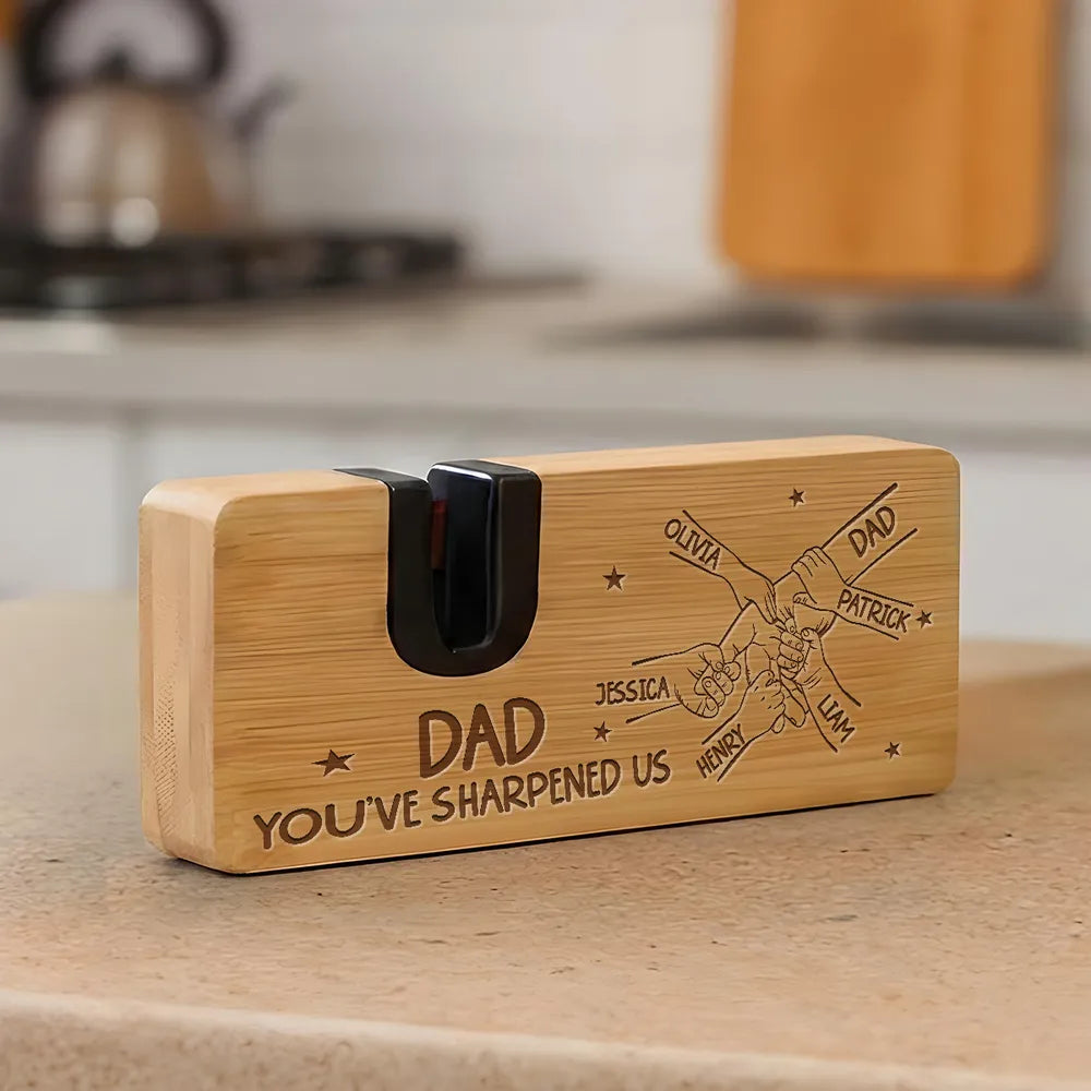 Custom Wooden Bottle Opener Sharpener with Hands Illustration, Creative Gift for Dad with Heart