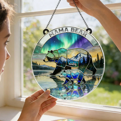 Acrylic Suncatcher Ornament with Stained Glass Style Bear Family Mountain Scene - Personalized Heartwarming Gift for Mom or Wife