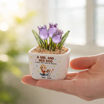 Square Glass Planter, Custom Girl and Her Dog Bond Design With Purple Tulips, Creative Gift for Pet Owners