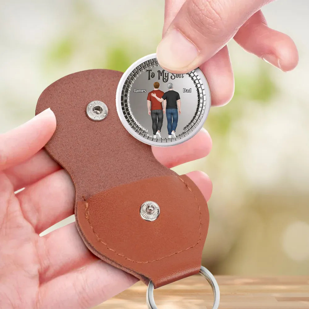 Personalized Pocket Hug for Son from Dad, Back View Walking Illustration, Encouraging Keepsake Token, Unique Gift