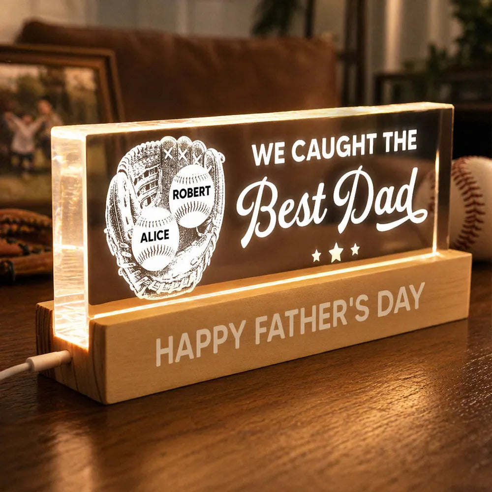 Personalized Block LED Light Plaque, Baseball Glove Best Dad Design, Warm Unique Gift for Dad