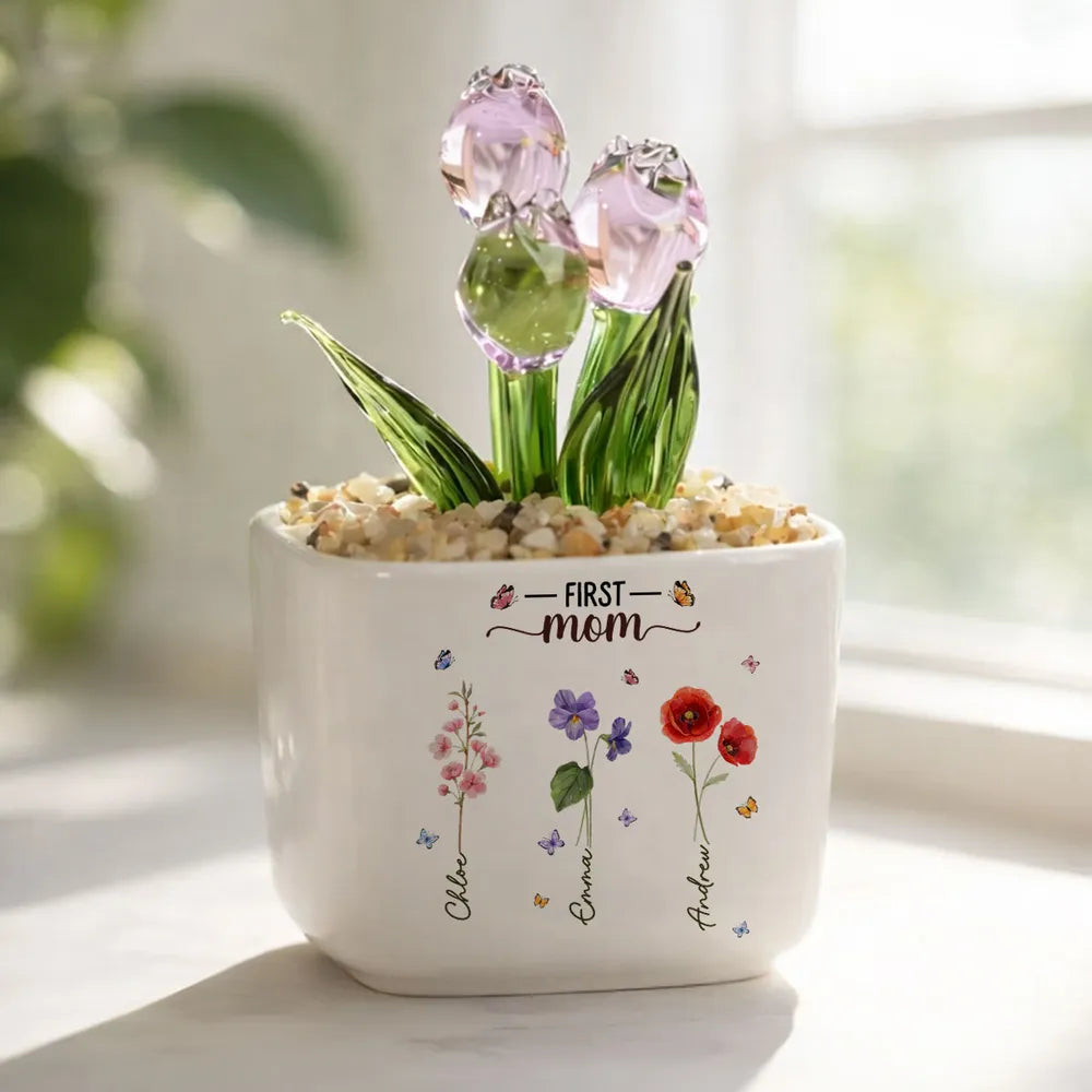 Personalized Square Glass Planter with Birth Month Tulips, Unique Creative Gift for Grandma