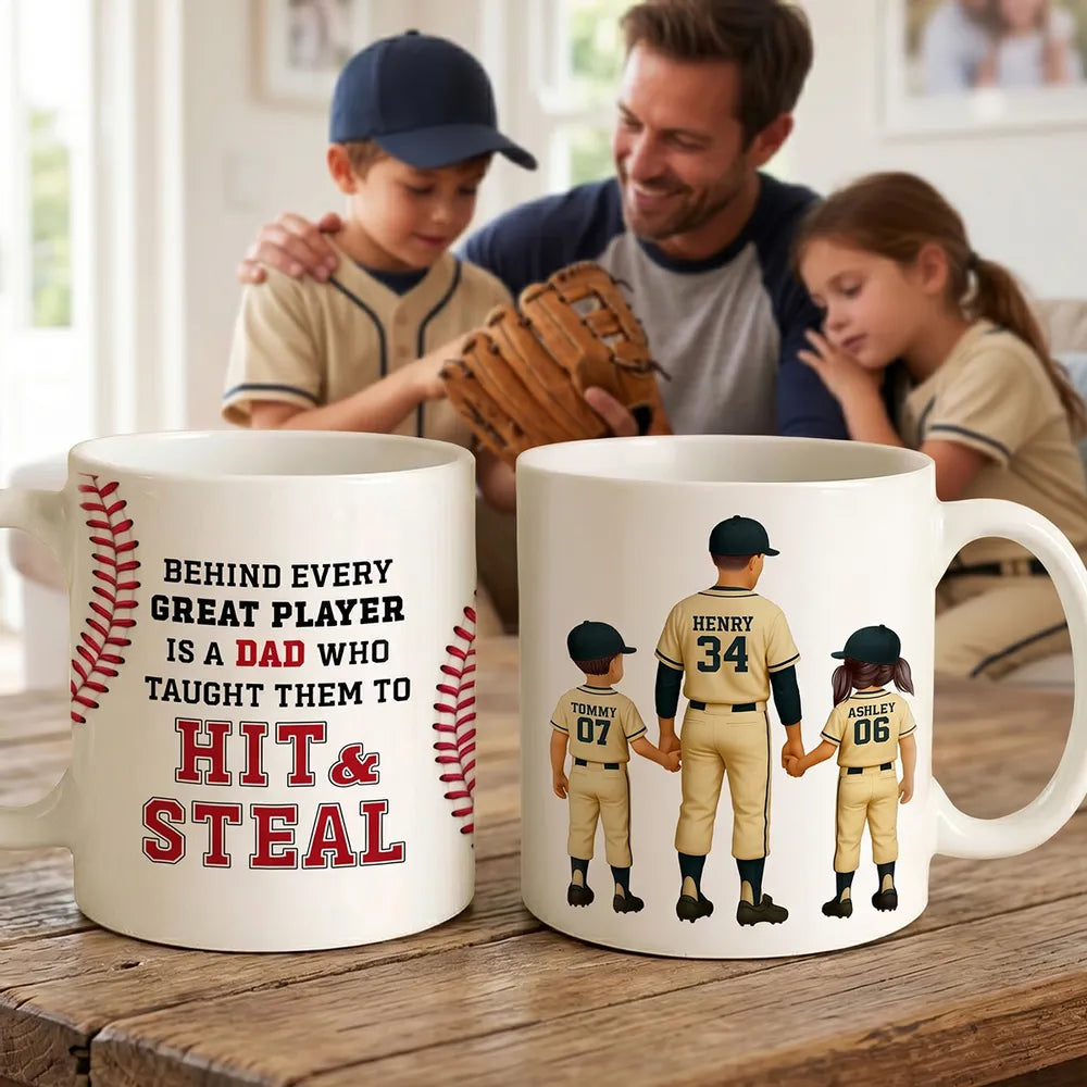 Personalized Ceramic Mug For Dad, Baseball Dad Holding Hands With Kids, Unique Father's Day Gift
