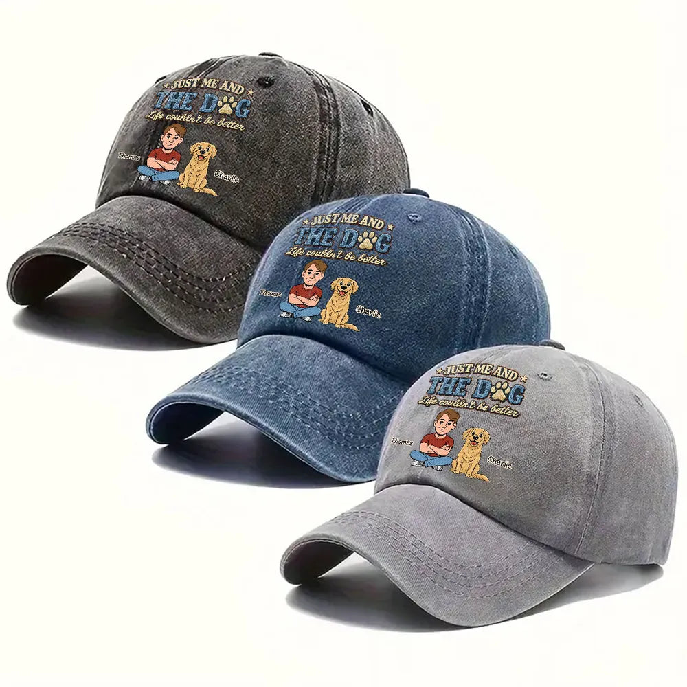 Just Me And The Dog Washed Denim Baseball Cap, Vintage Custom Creative Gift for Pet Owners