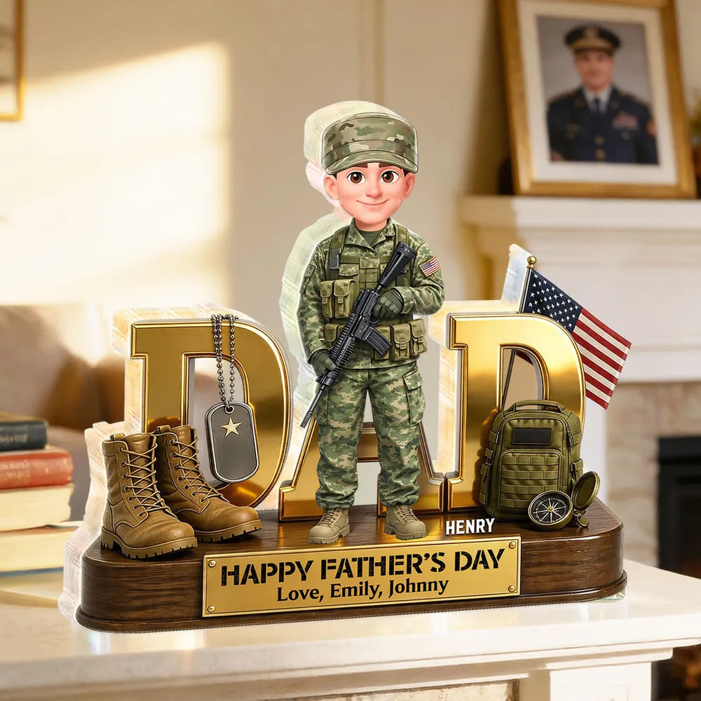 Personalized Shaped Acrylic Block Plaque Army Dad with US Flag & Gear, Father's Day Desk Decor, Unique Gift for Dad