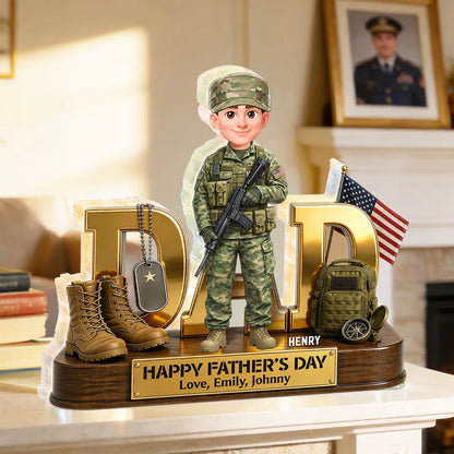 Personalized Shaped Acrylic Block Plaque Army Dad with US Flag & Gear, Father's Day Desk Decor, Unique Gift for Dad