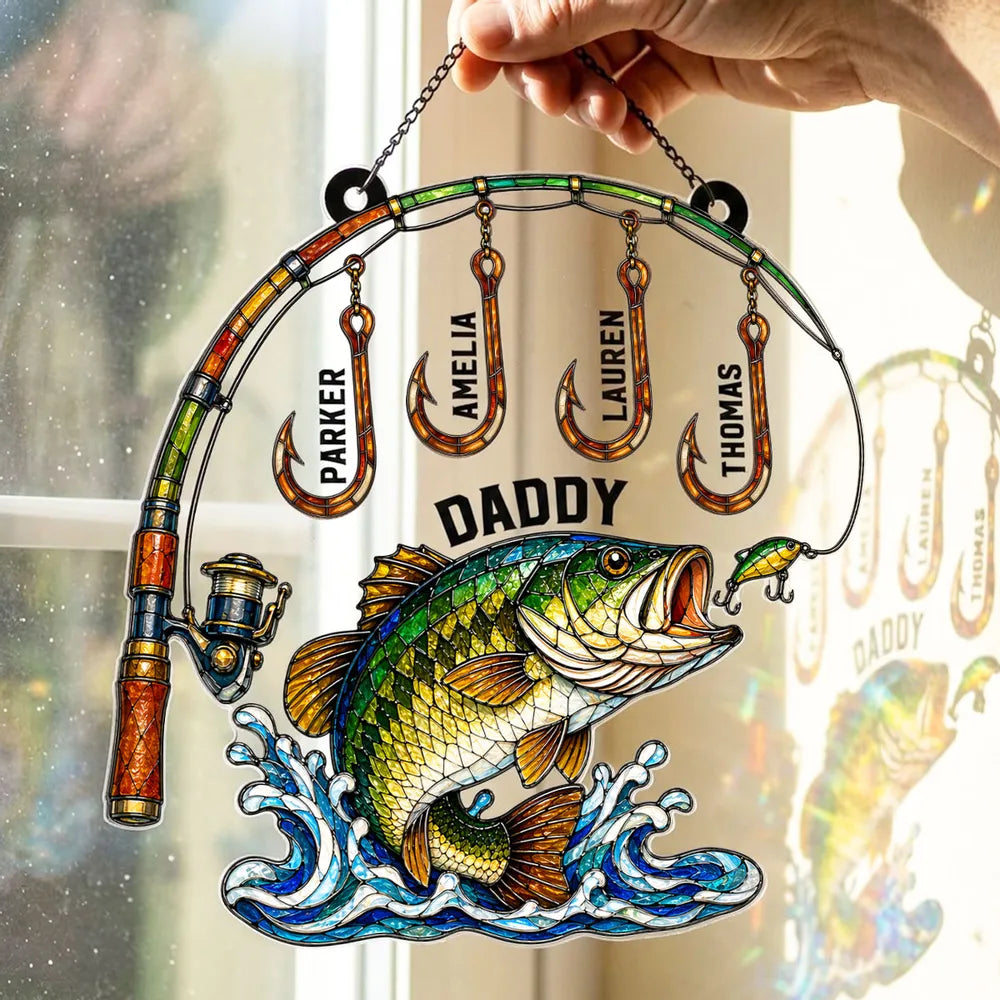 Personalized Acrylic Suncatcher Ornament for Fishing Daddy - Colorful Bass & Hooks Window Decor, Unique Gift for Dad