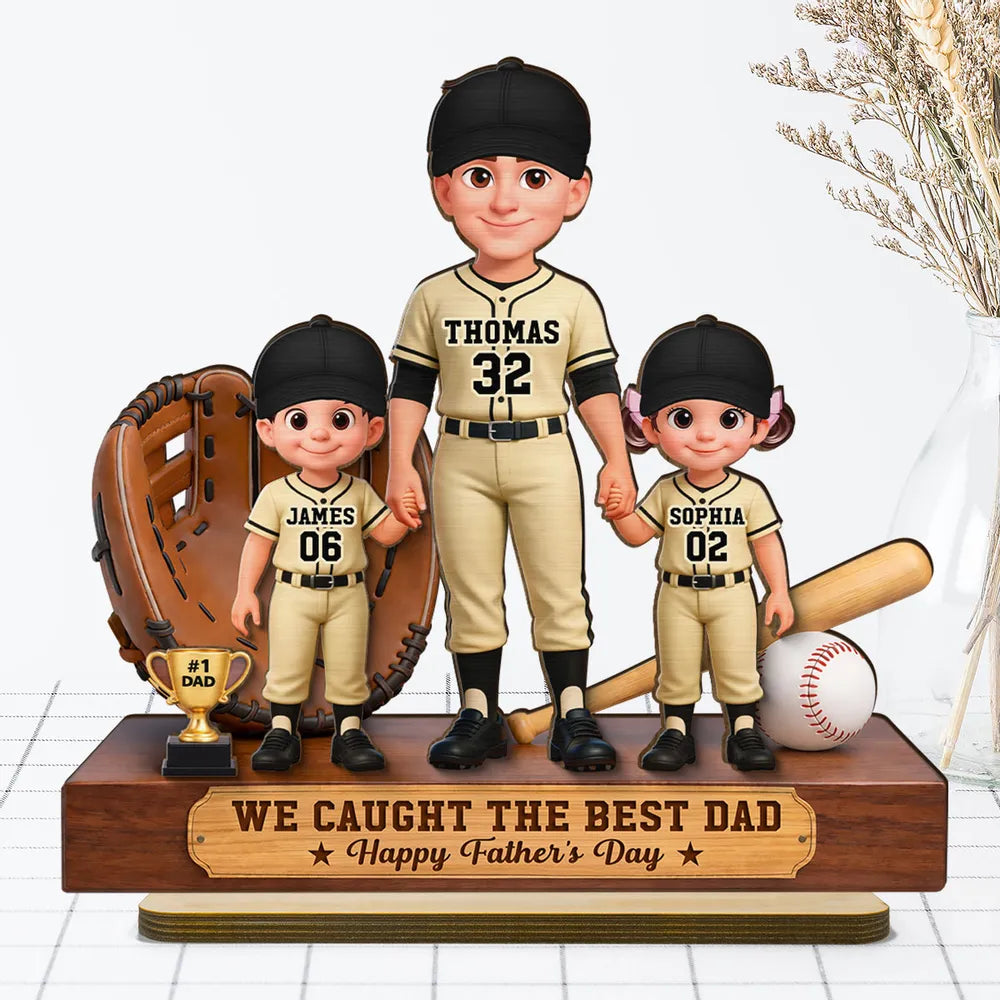 Personalized 2-Layer Wooden Plaque, Baseball Dad & Kids Holding Hands, Unique Father's Day Gift for Dad