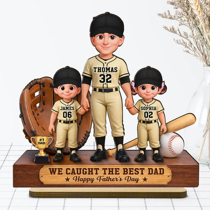 Personalized 2-Layer Wooden Plaque, Baseball Dad & Kids Holding Hands, Unique Father's Day Gift for Dad