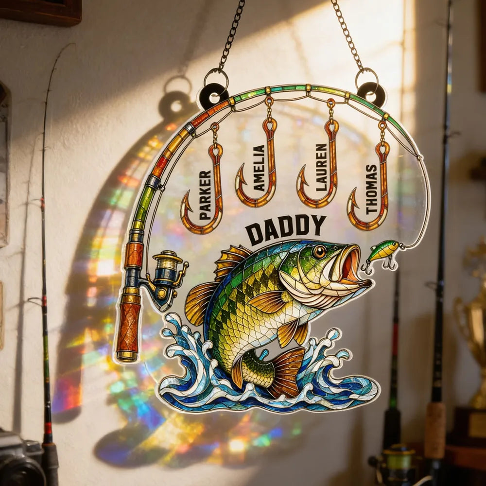 Personalized Acrylic Suncatcher Ornament for Fishing Daddy - Colorful Bass & Hooks Window Decor, Unique Gift for Dad