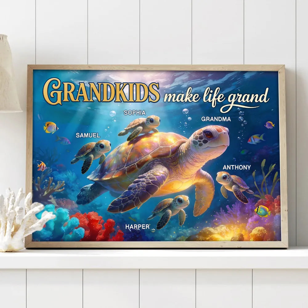 Grandkids Make Life Grand Sea Turtle Poster, Personalized Wall Art for Grandma, Heartwarming Ocean Decor, Creative Gift
