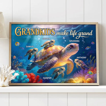 Grandkids Make Life Grand Sea Turtle Poster, Personalized Wall Art for Grandma, Heartwarming Ocean Decor, Creative Gift