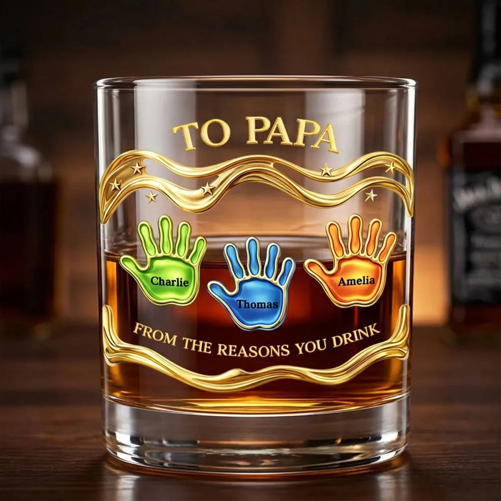 Personalized Whiskey Glass 'To Papa' From the Reasons You Drink, Handprint Design, Funny Unique Gift for Dad or Grandpa