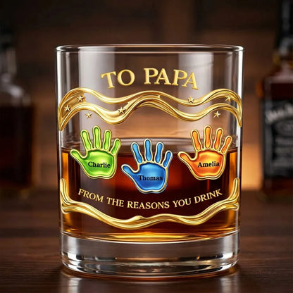 Personalized Whiskey Glass 'To Papa' From the Reasons You Drink, Handprint Design, Funny Unique Gift for Dad or Grandpa