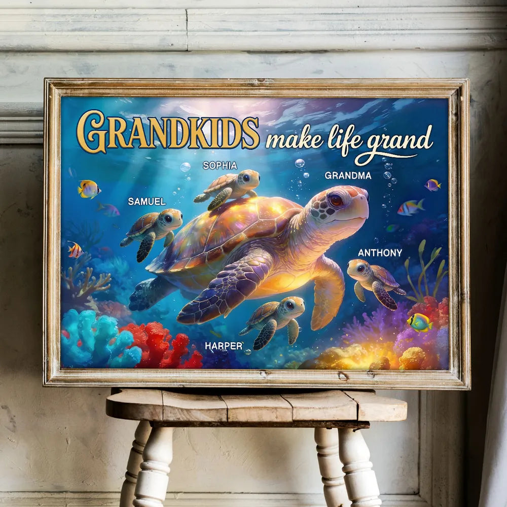 Grandkids Make Life Grand Sea Turtle Poster, Personalized Wall Art for Grandma, Heartwarming Ocean Decor, Creative Gift