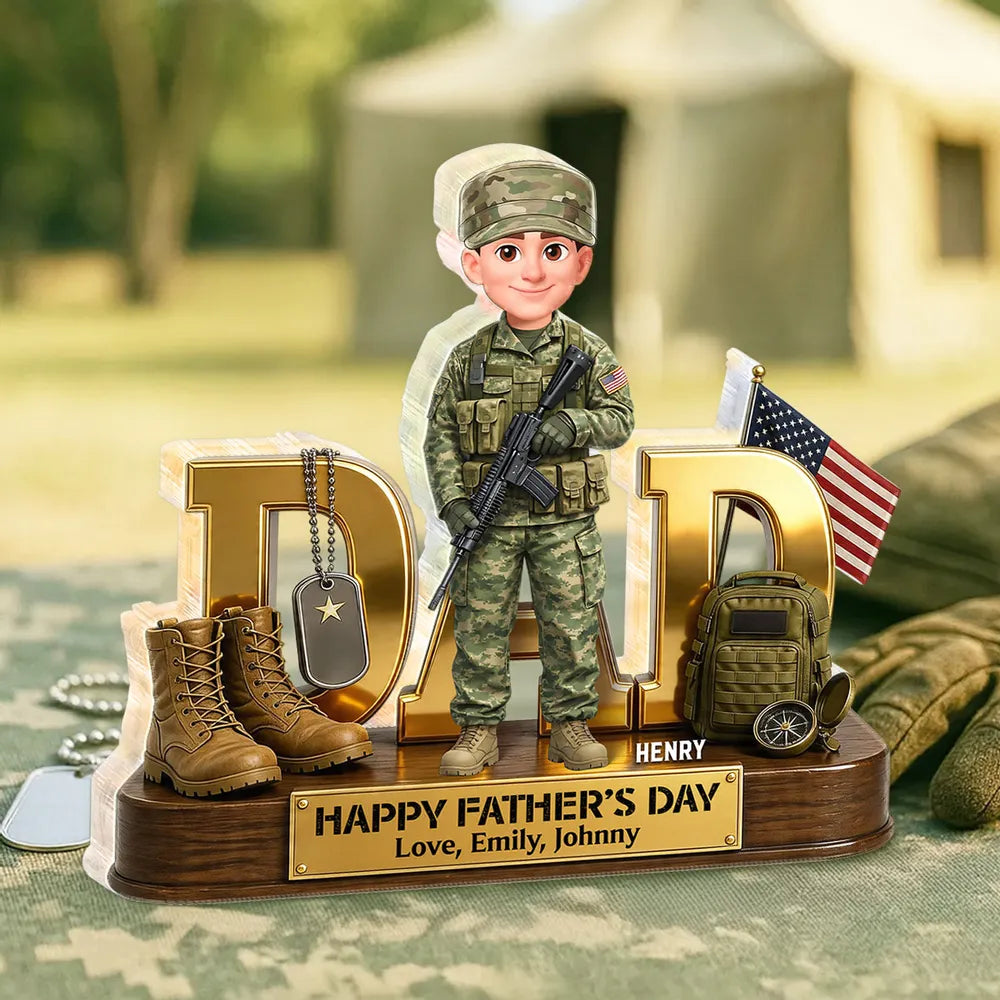 Personalized Shaped Acrylic Block Plaque Army Dad with US Flag & Gear, Father's Day Desk Decor, Unique Gift for Dad