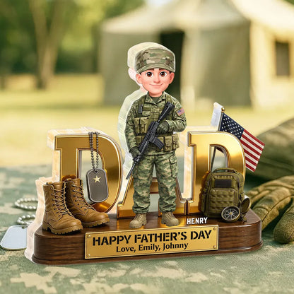Personalized Shaped Acrylic Block Plaque Army Dad with US Flag & Gear, Father's Day Desk Decor, Unique Gift for Dad