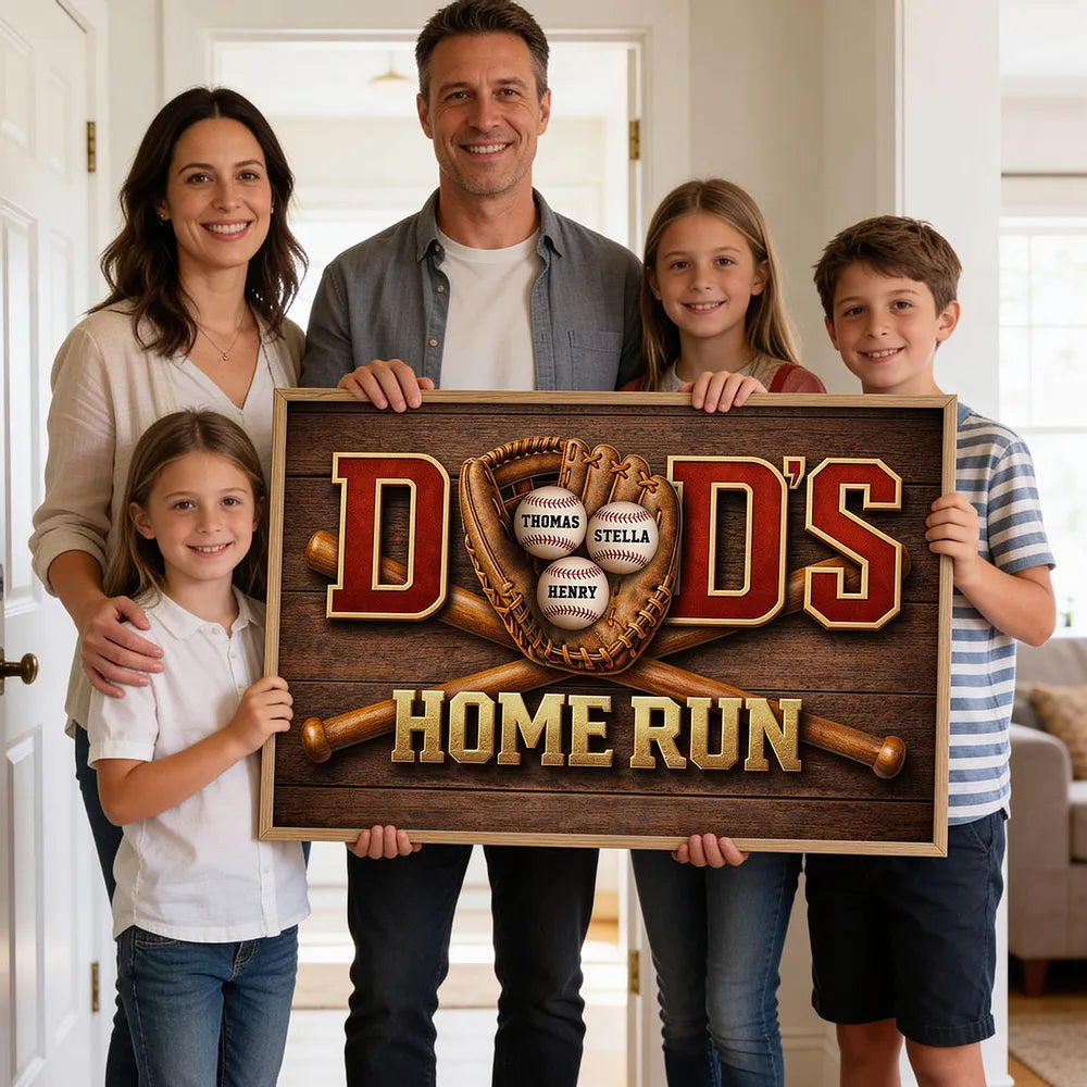 Home Run Dad Poster, Personalized Baseball Wall Art With Custom Names, Meaningful Gift for Dad's Office or Man Cave