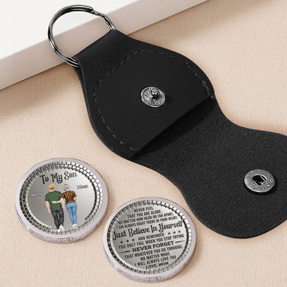 Personalized Pocket Hug for Son from Dad, Back View Walking Illustration, Encouraging Keepsake Token, Unique Gift