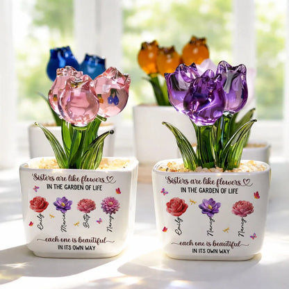 Square Glass Planter with Sisters Are Like Flowers Quote, Unique Creative Gift for Sister
