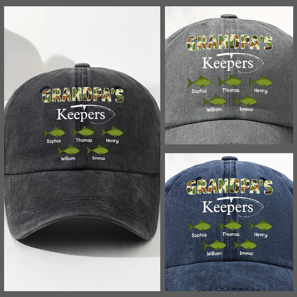 Washed Denim Baseball Cap with Grandpa's Keepers Fishing Design - Personalized Unique Gift for Grandpa He'll Wear
