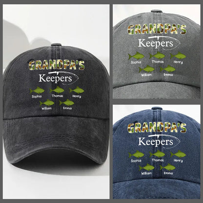 Washed Denim Baseball Cap with Grandpa's Keepers Fishing Design - Personalized Unique Gift for Grandpa He'll Wear