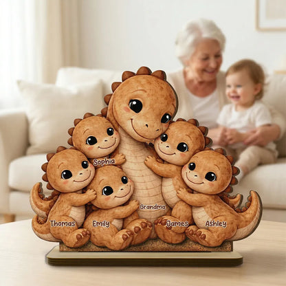 Personalized 2-Layer Wooden Plaque Cute Dino Grandma Hugging Grandchild Unique Gift for Grandma Mom - Heartwarming Keepsake