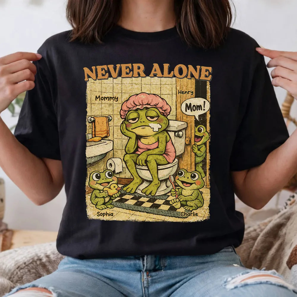 Personalized Never Alone Frog Mom Classic Tee, Funny Retro Bathroom Cartoon, Unique Gift for Mom