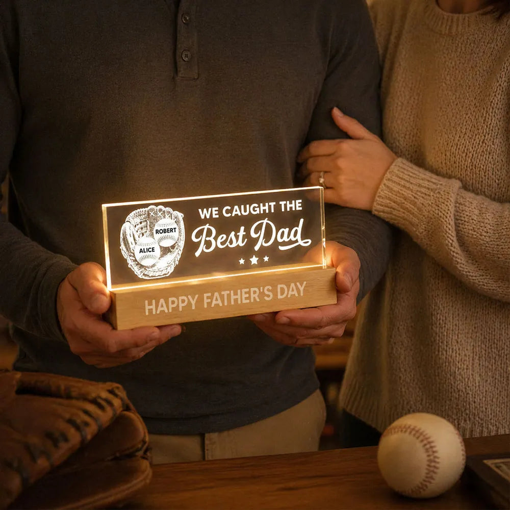Personalized Block LED Light Plaque, Baseball Glove Best Dad Design, Warm Unique Gift for Dad