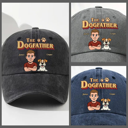 Personalized Washed Cotton Cap with Dog Dad Cartoon, Vintage The Dogfather Unique Gift for Dog Lovers