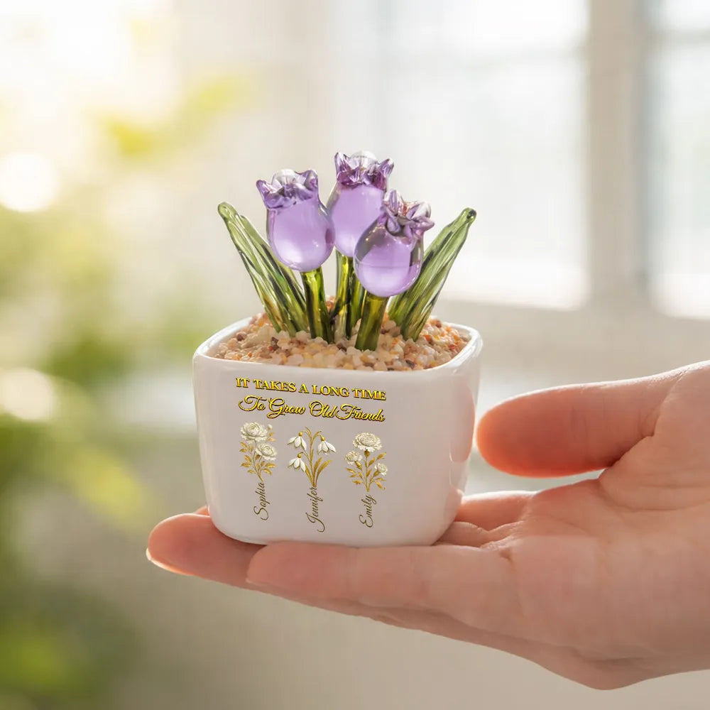 Personalized Square Glass Planter with Purple Tulips, Unique Creative Gift for an Old Friend