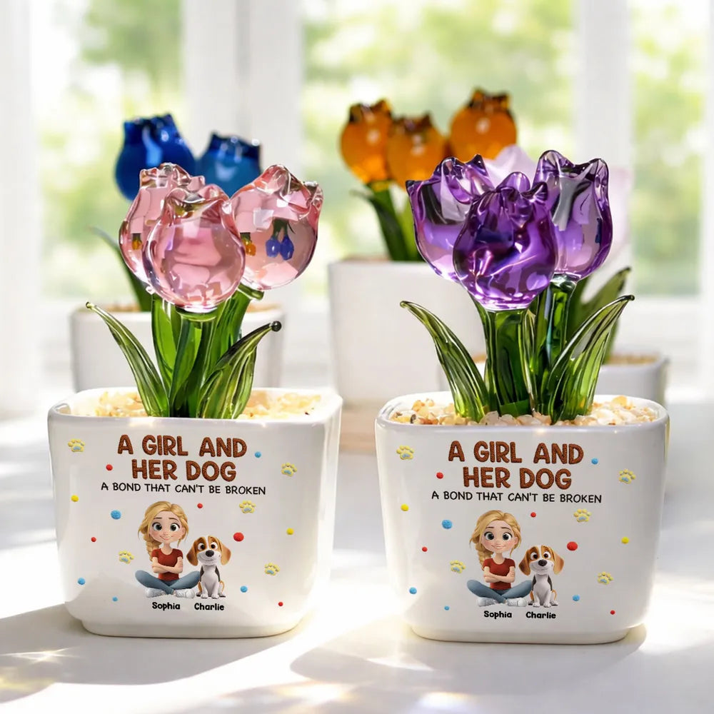 Square Glass Planter, Custom Girl and Her Dog Bond Design With Purple Tulips, Creative Gift for Pet Owners