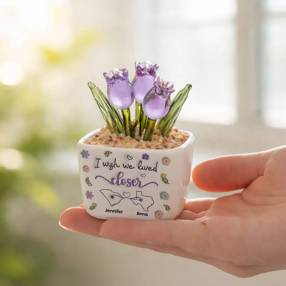 Personalized Square Glass Planter With Purple Tulips, I Wish We Lived Closer, Unique Friend Gift