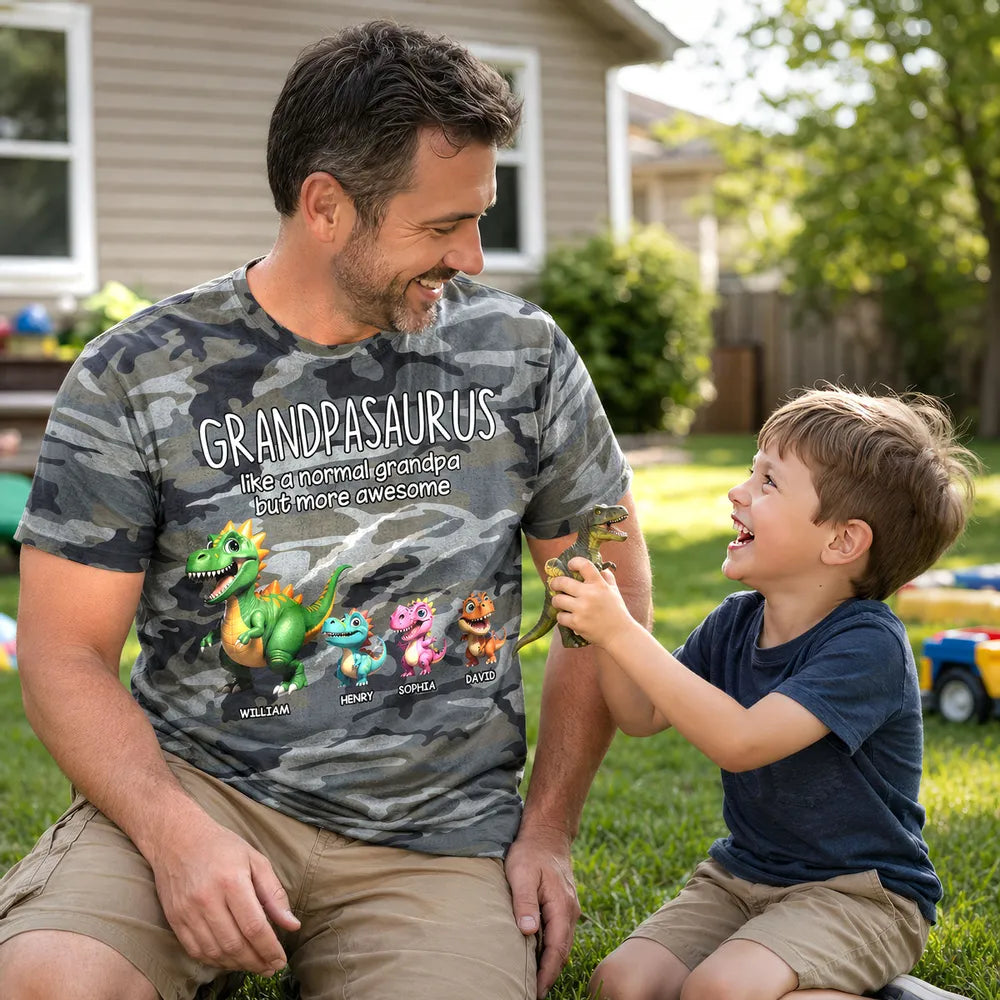 Personalized Printed Classic Tee, Grandpasaurus Camo Dinosaur Design, Unique Father's Day Gift for Grandpa