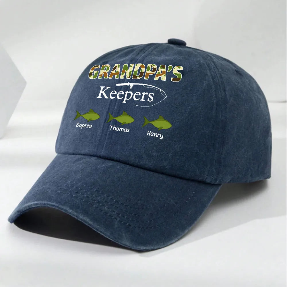 Washed Denim Baseball Cap with Grandpa's Keepers Fishing Design - Personalized Unique Gift for Grandpa He'll Wear