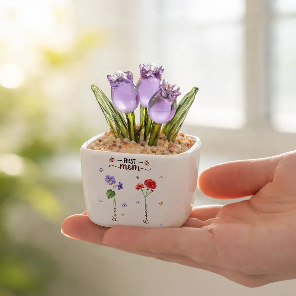 Personalized Square Glass Planter with Birth Month Tulips, Unique Creative Gift for Grandma