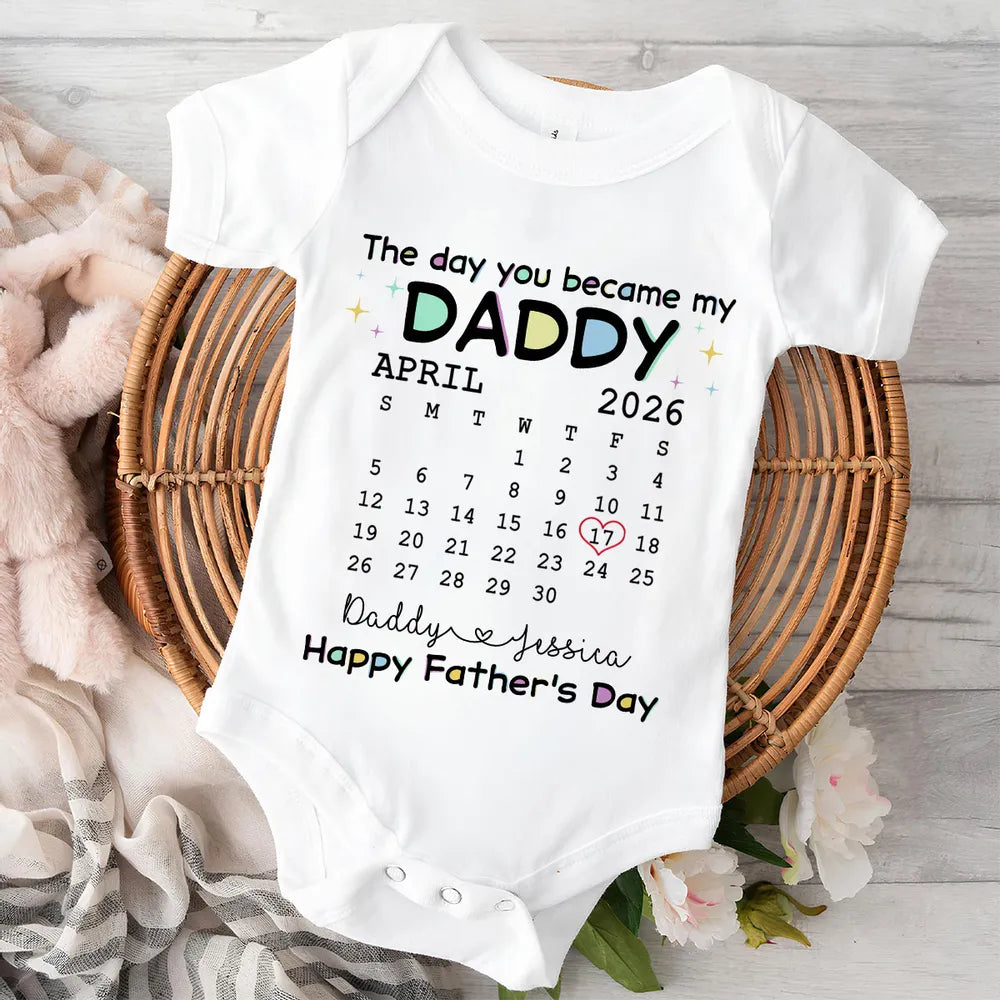 Short Sleeve Baby Onesie with Daddy Calendar Print, Unique Father's Day Gift for New Dad